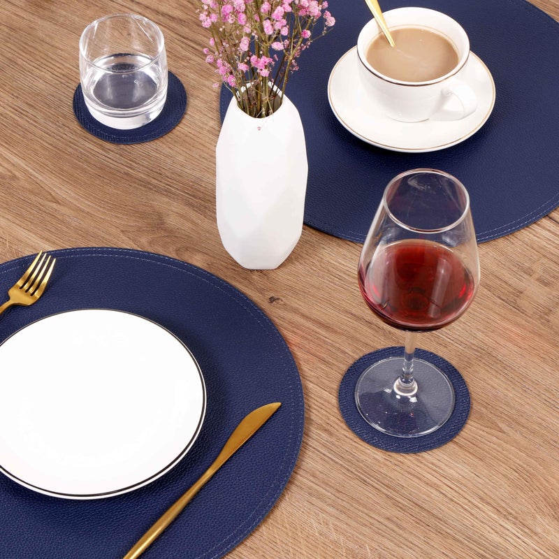 Jovono Navy Faux Leather Round Placemats and Coasters, Coffee Mats Kitchen Table Mats, Waterproof, Easy to Clean for Round Table, Dining Table - Image 3